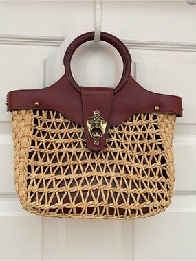 RARE Vintage 1960’s Etienne Aigner Tan Woven Tote; Oxblood Leather Trim, Handles